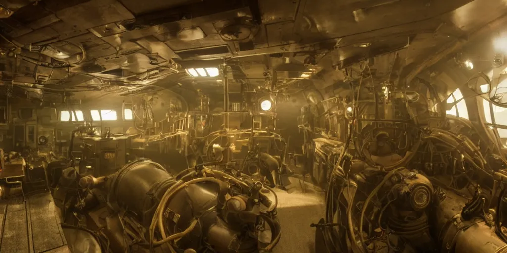 Image similar to photograph of a dieselpunk submarine interior set design, cinematic lighting, haze, arri alexa, anamorphic bokeh, 4 k, graded with davinci resolve