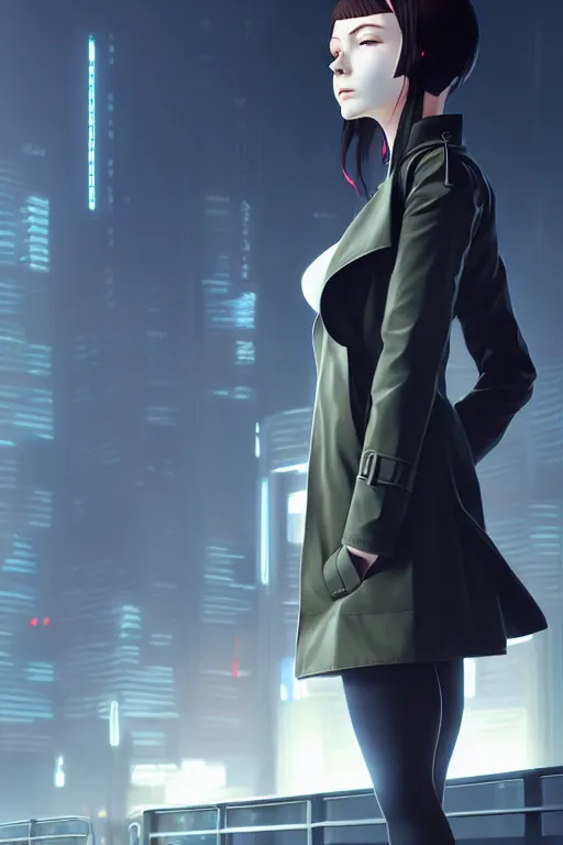 Image similar to realistic render of a cyborg - girl wearing a long trench coat by ross draws, futuristic dystopian city by ilya kuvshinov, digital anime art by ross tran, composition by sana takeda, lighting by greg rutkowski