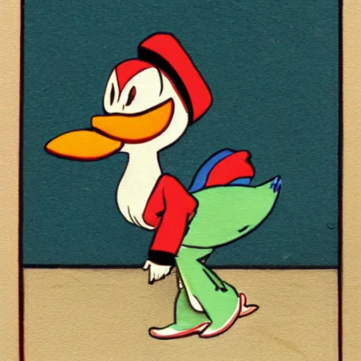 Image similar to Japanese anime style painting depicting an anthropomorphic duck dressed in a school uniform running to school while eating a piece of toast.