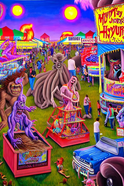 Prompt: a hyperrealistic painting of a monsters day at the county fair, cinematic horror by jimmy alonzo, lisa frank, the art of skinner, highly detailed, vivid color,