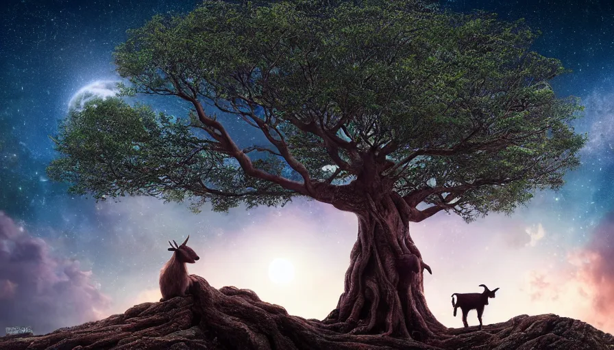 Image similar to very very small goat, sitting on a gigantic banyan tree in moonlit socotra island by ilya kuvshinov, starry night, rtx rendering, octane render 1 2 8 k, maya, extreme high intricate details by tom bagshaw, medium shot, close up shot, composition by sana takeda, lighting by greg rutkowski, stranger things