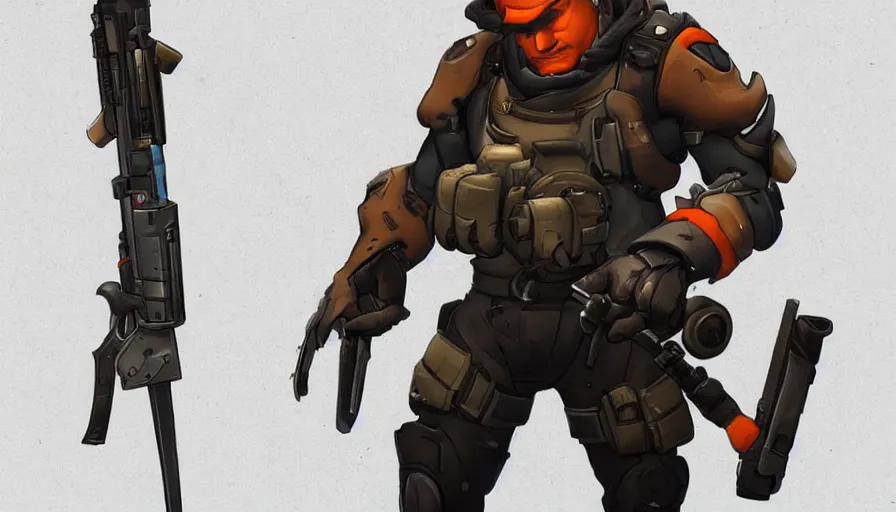 Prompt: Concept art for new Overwatch character: The Saboteur, French Special Ops, Short, Nimble, Sly, Silenced Five-Seven Main Weapon, Uses Explosives, Planted Charge, C4 Explosive, Roguish, and Hand Grenades, Dark Humor, Male, Rugged, Dagger, High-tech, Fast, Black and Orange