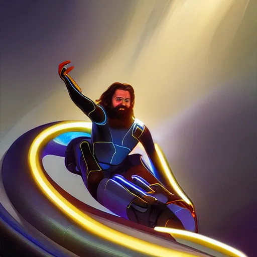 Image similar to tron legacy jesus riding waterslide, face closeup, laughing, diffuse lighting, hyper realistic, concept art, intricate, hyper detailed, smooth, sharp focus, illustration, trending on artstation, art by greg rutkowski and james gurney and alphonse mucha