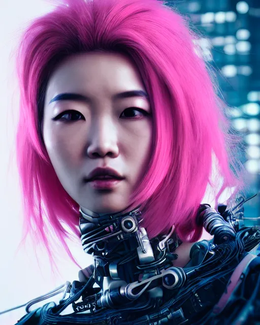 Image similar to portrait of a beautiful asian woman with pink hair as a cyberpunk cyborg half robot, sci - fi, missing panels, intricate abstract upper body intricate artwork, concept art, octane render, deviantart, cinematic, key art, hyperrealism, iridescent accents, portrait photograph, nikon 3 5 mm, photograph by greg rutkowski