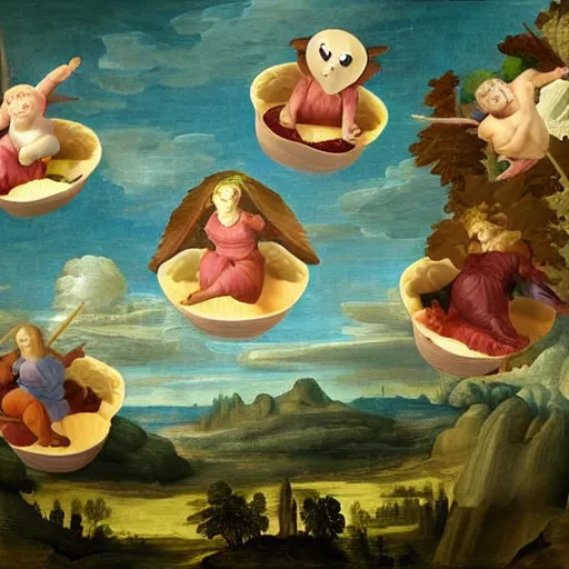 Prompt: renaissance painting flying cupcakes over landscape forest, green, five nights at freddies art style