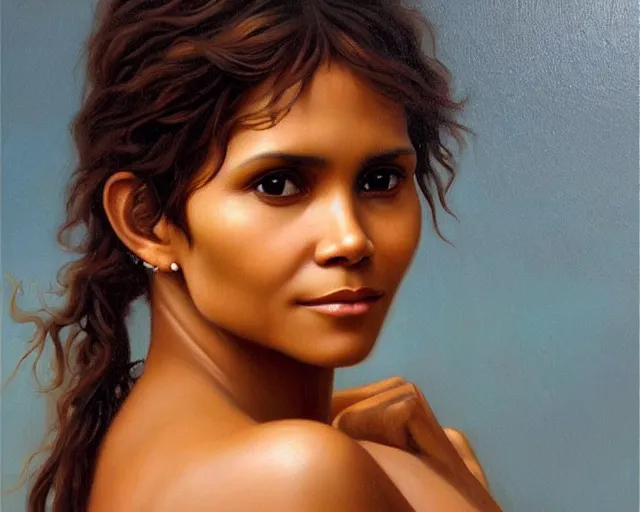 Prompt: beautiful glorious realistic oil painting of young halle berry, bokeh, baroque style by bouguereau, sunset, highly detailed and photorealistic, 8 k high detail and intricate