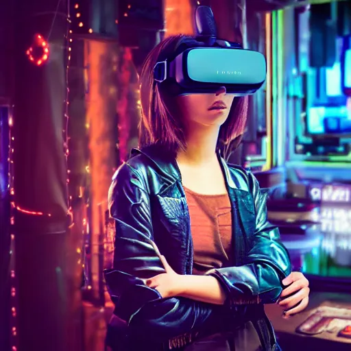 Image similar to a high quality portrait of a beautiful stunning pirate in a cyberpunk cyberpunk cyberpunk cafe wearing a VR visor, realism, 8k, award winning photo