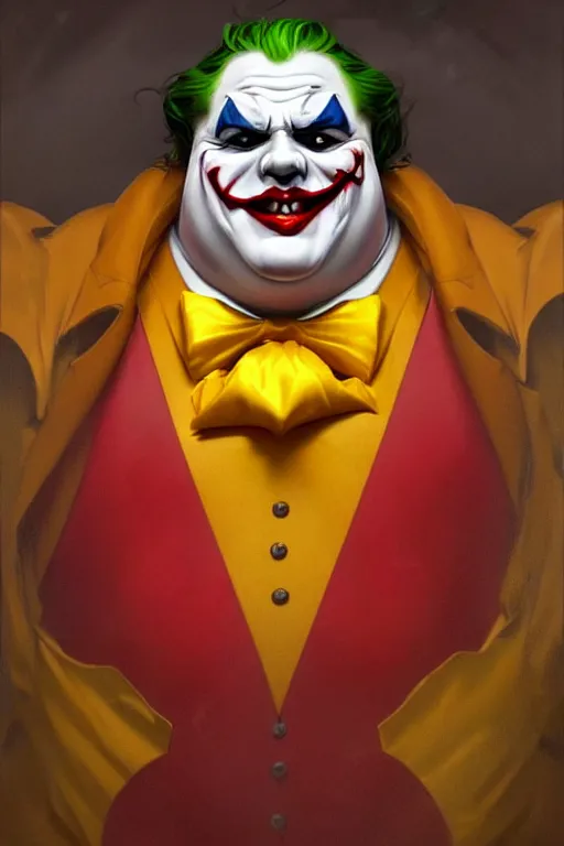 Prompt: a very fat sinister looking joker dressed in yellow and red rubber latex Ronald Macdonalds costume, fantasy, intricate and very very beautiful and elegant, highly detailed, digital painting, artstation, concept art, smooth and sharp focus, illustration, art by tian zi and WLOP and alphonse mucha