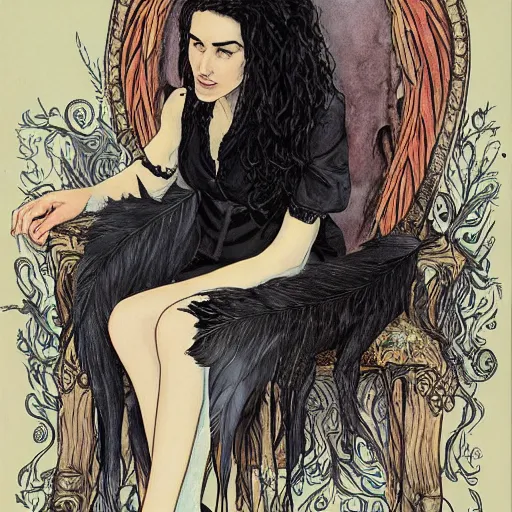 Image similar to young innocent jennifer connelly as innocent gothic beauty with black feathers instead of hair, eyes closed, mutant, sad, feathers growing out of skin, sitting in opulent chair, romantic, comic book cover, vivid, beautiful, illustration, highly detailed, rough paper, dark, oil painting