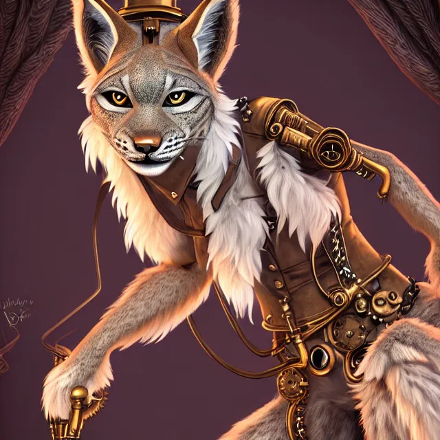 Prompt: the portrait of anthropomorphic lynx fursona wearing a steampunk suit as unimaginably beautiful, gorgeous, elegant, young lynx, an ultrafine hyperdetailed illustration by furaffinity, intricate linework, white fur, unreal engine 5 highly rendered, global illumination, radiant light, detailed and intricate environment