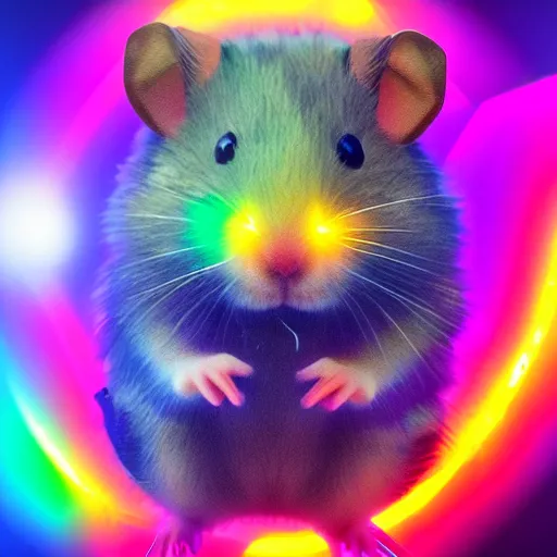 Image similar to cyberpunk hamster! holding rainbow! gem! crystal, neon lights, light reflection, 8 k, hd