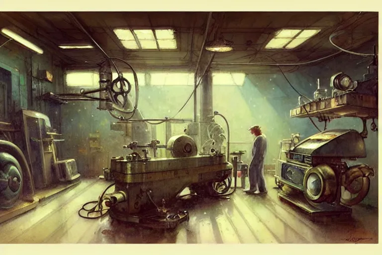 Image similar to ( ( ( ( ( 1 9 5 0 s retro science fiction mechanics shop interior scene. muted colors. ) ) ) ) ) by jean - baptiste monge!!!!!!!!!!!!!!!!!!!!!!!!!!!!!!