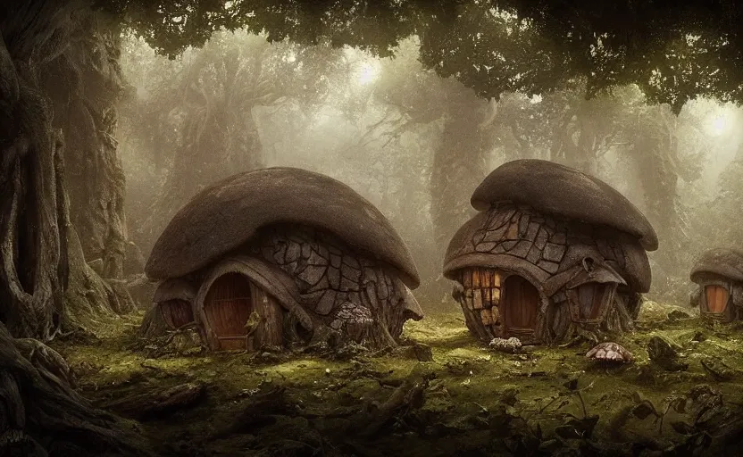 Prompt: A mushroom house!!!!, in a dark forest, small windows !!, macro, cool tones, underexposed, overecast, mysterious matte painting by greg rutkowski and marc simonetti and Ivan Shishkin, 4k