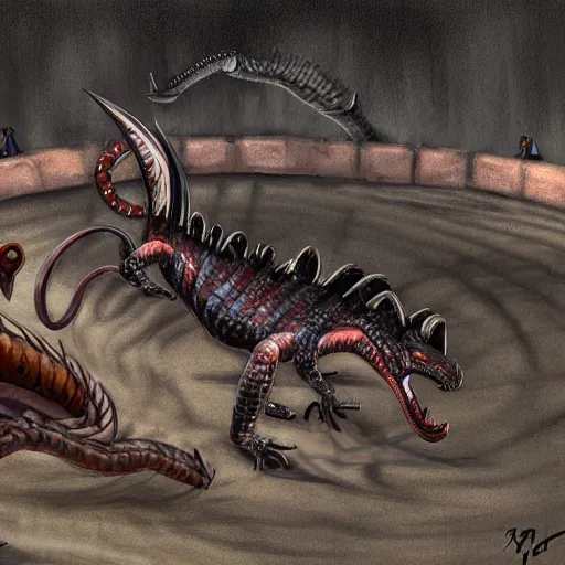 Prompt: great wyrm lizard fighting in an arena colosseum, digital painting