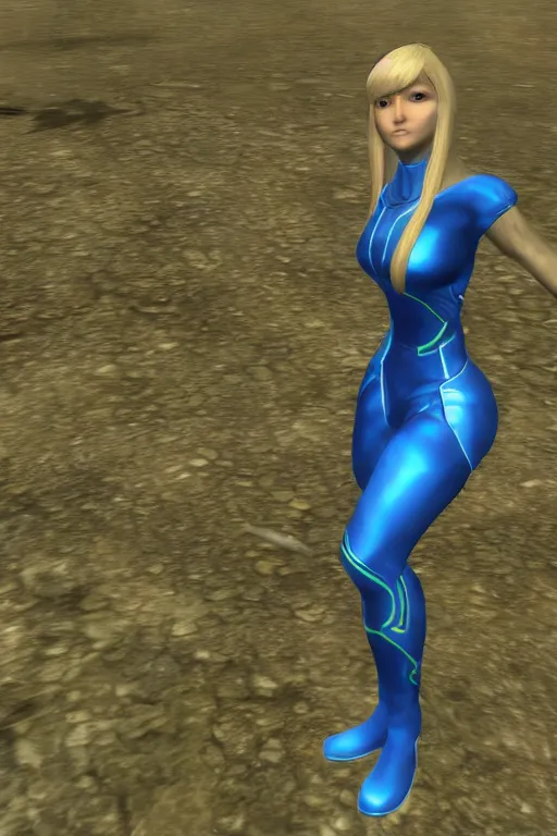 Image similar to in game footage of zero suit samus in skyrim, skyrim art style.