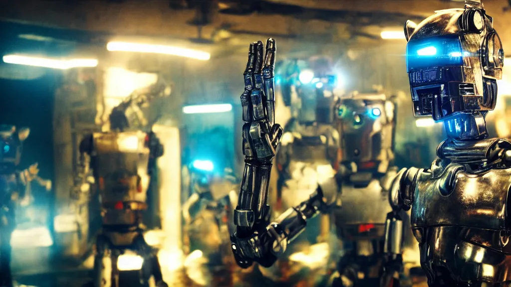 Image similar to film still from the movie chappie of the robot chappie shiny metal indoor dance party rave scene bokeh depth of field several figures furry anthro anthropomorphic stylized cat ears head android service droid robot machine fursona