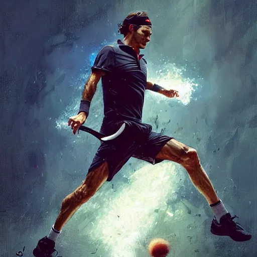 Image similar to roger federer as a hero, picture by greg rutkowski, dynamic pose, intricate, futuristic, fantasy, elegant, by stanley artgerm lau, greg rutkowski, thomas kindkade, alphonse mucha, loish, norman rockwell,