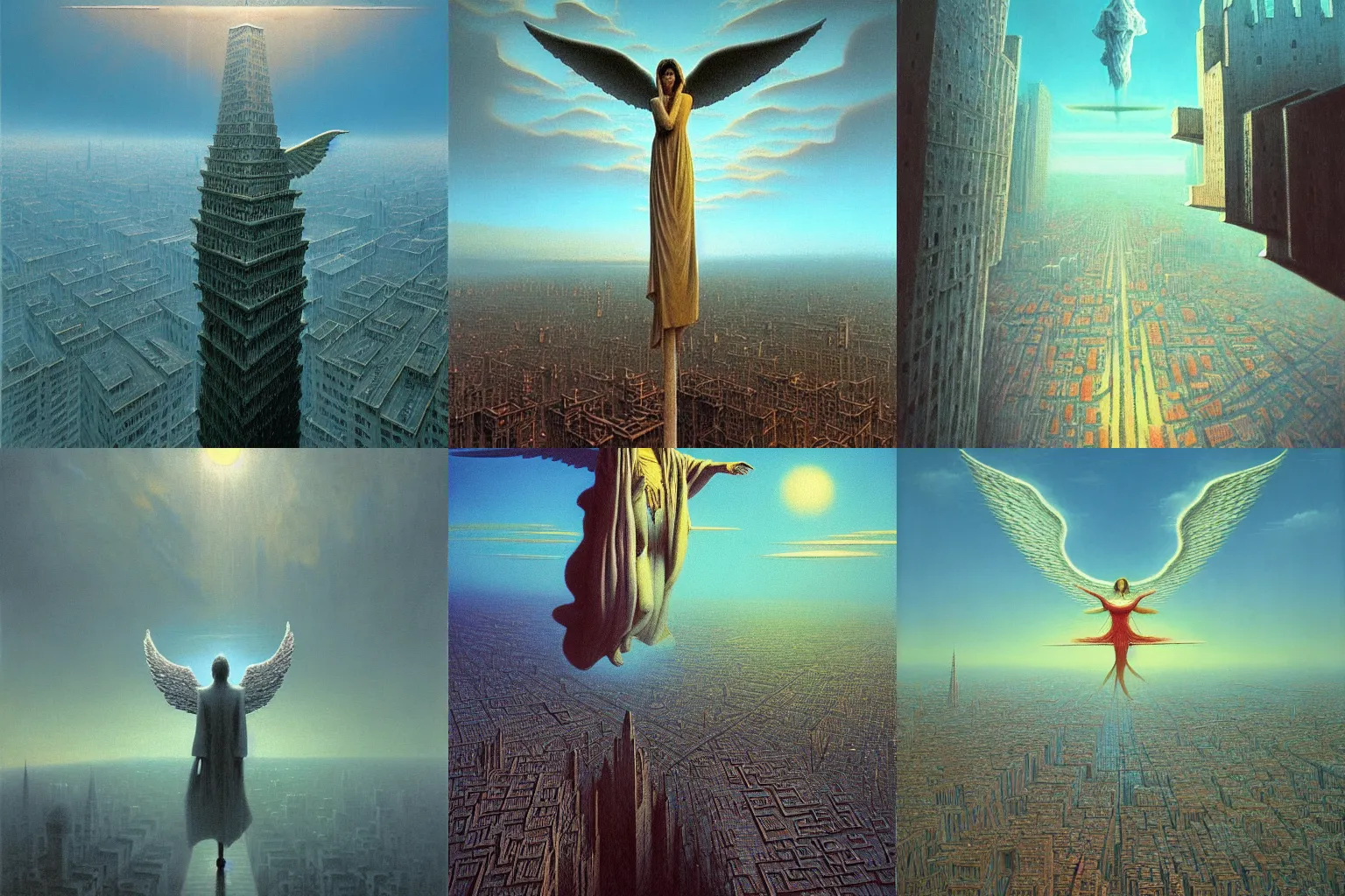 Prompt: detailed, sharp, an angel floating above a city by Zdzislaw Beksinski, by Paul Lehr, One point perspective, dutch angle digital art, illustration, trending on artstation, HD, 8K, highly detailed, good lighting, beautiful, epic, masterpiece, horror, surreal