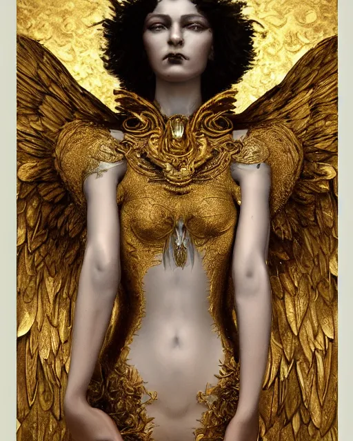 Image similar to concept art, angel woman, beautiful, frank frazetta, ornate, art nouveau, symmetrical, gold jewelry, high contrast, unbiased render, Emil melmoth, eerie, haunting, victorian, 8k, octane render, style of Gustav Klimt, head and shoulders