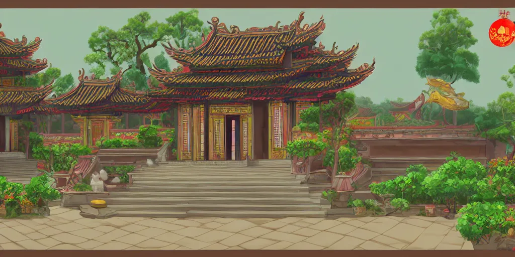 Image similar to vietnamese temple scene, 2 d game art background, level design, muted colors, in style of lam manh