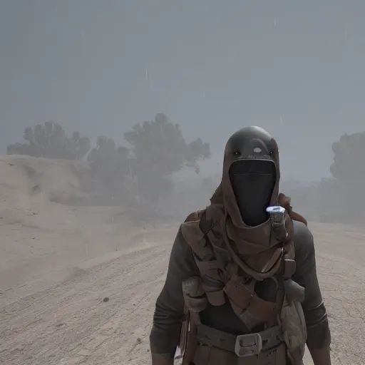 Image similar to NCR Ranger walking through a harsh desert storm, cinematic, 4k, detailed, trending on ArtStation, unreal engine 5