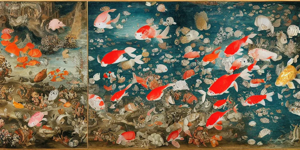 Image similar to Underwater, An ancient city in the deep sea, giant koi fish, by james jean, by Peter Paul Rubens and Jan Bruegel the Elder