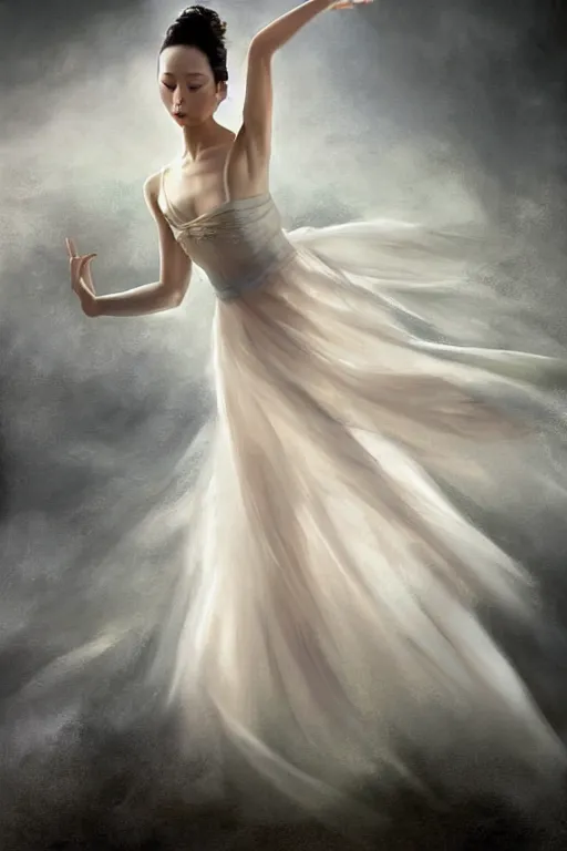 Prompt: prima ballerina dancing in the wind, asian beautiful face, ethereal, bride, beautiful wedding dress, gorgeous, volumetric lighting, elegant, fluid, very highly detailed, digital painting, concept art, illustration, limited color palette, atmosphere and tension, art by greg olsen and liz lemon swindle