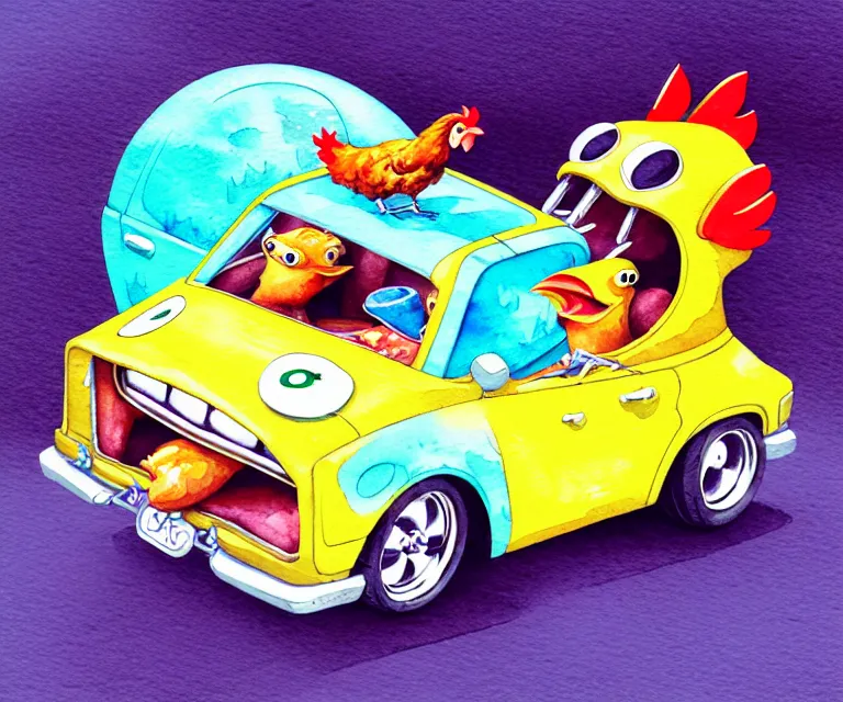 Image similar to cute and funny, chicken driving a tiny black hot rod with an oversized engine, ratfink style by ed roth, centered award winning watercolor pen illustration, isometric illustration by chihiro iwasaki, edited by craola, tiny details by artgerm and watercolor girl, symmetrically isometrically centered