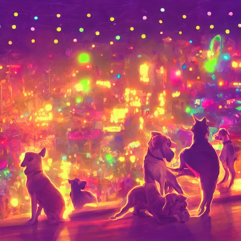 Image similar to two dogs, watching a pop concert, bright colorful lights, crowded, excited atmosphere, digital art, concept art, trending on artstation, cinematic lighting