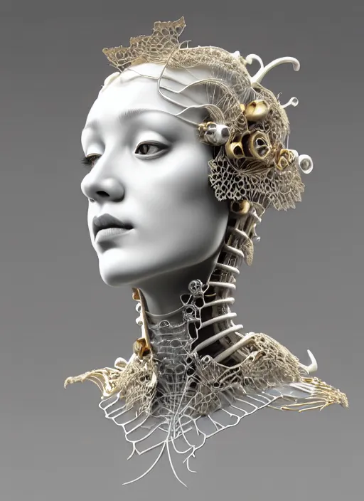 Image similar to complex 3d render ultra detailed of a beautiful porcelain profile woman face, mechanical cyborg, 150 mm, beautiful natural soft light, rim light, silver gold details, ghost orchid big leaves and stems, roots, fine foliage lace, maze like, mesh wire, white metal neocubism armor, intricate details, hyperrealistic, ultra detailed, mandelbrot fractal, anatomical, red lips, facial muscles, cable wires, microchip, elegant, octane render, H.R. Giger style, 8k