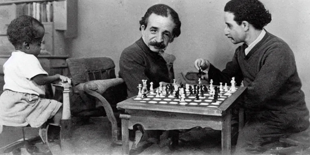 Prompt: a very smart baby playing chess with professor Albert Einstein