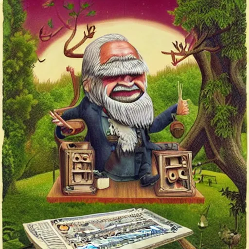 Image similar to old man white beard playing a synthesizer in a tree house, notes and clefs listening , lowbrow surrealistic, in the style of Mark Ryden,