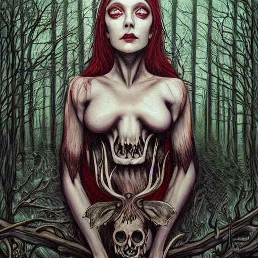 Image similar to an epic horrific wiccan gothic painting of a mother - nature witch cult woman wearing a deer skull, in a moonlit forest by gerald brom by junji ito by vanessa lemen by charlie bowater