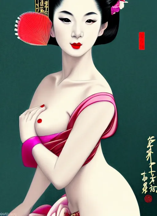 Prompt: glamorous and sexy Geisha, beautiful pale makeup, pearlescent skin, seductive eyes and face, elegant japanese woman, lacivious pose, very detailed face, seductive, sexy push up bras, pale and coloured kimono, ancient japanese temple on the background, photorealism, a portrait by artgerm, Caravaggio, Enoch Bolles