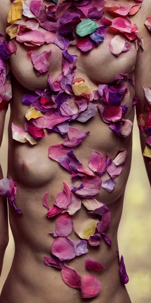 Prompt: a closeup photograph of a beautiful human body, skin made of flower petals, no face, highly detailed, hyperrealism