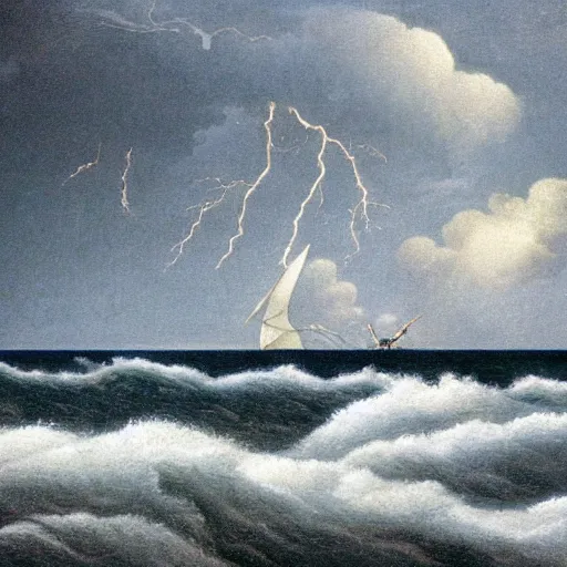 Image similar to epic pirate battle in high rough waves with storm clouds and lightning all around in the style of Grant Wood ,