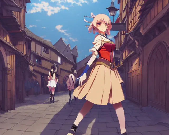 Image similar to anime visual, portrait of a young female walking through a busy medieval village, yoshinari yoh, dynamic pose, dynamic perspective, detailed silhouette, cel shaded anime