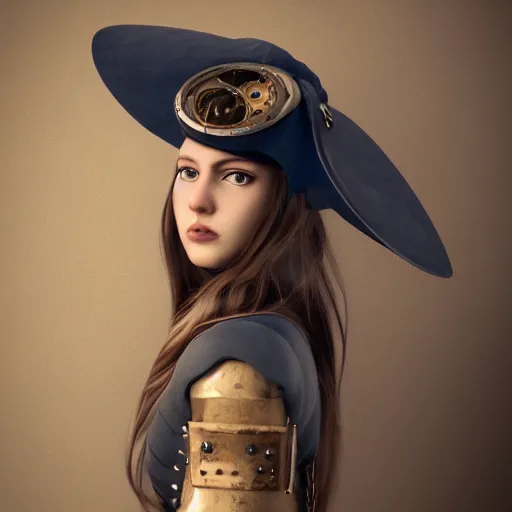 Prompt: a portrait beautiful steampunk woman by mario testino, long hair, aged 2 5, swedish, wearing a travel hat, photo realistic, 3 5 mm, photograph, octane render, trending on artstation