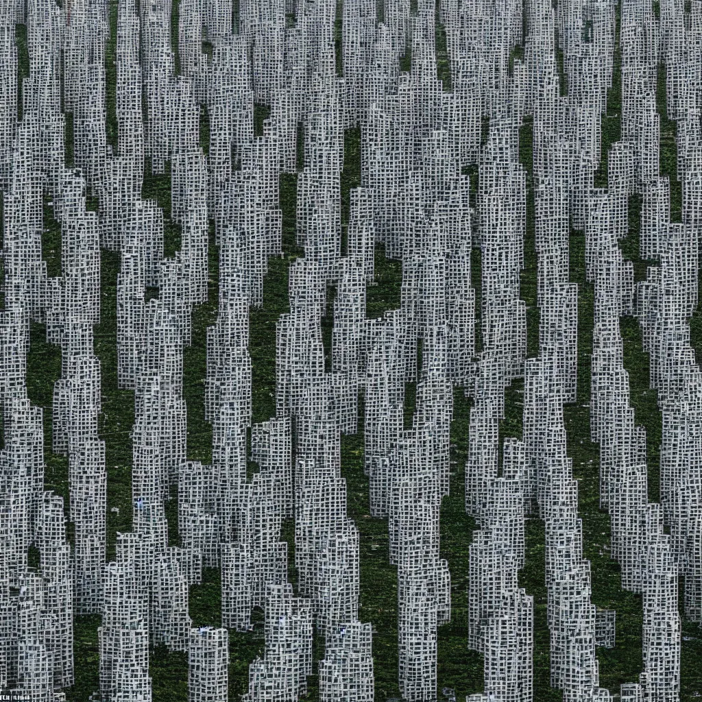 Prompt: multiple towers made up of squatter housing, sony a 7 r 3, f 2 2, fully frontal view, photographed by wolfgang tillmans, ultra detailed,