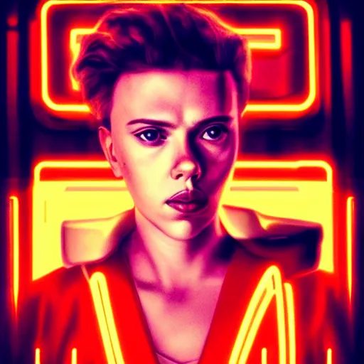 Prompt: “ scarlett johansson portrait, stranger things character, 8 0 s, neon, poster, cinema, high school, student, vhs, arcade, fiction, steven spielberg, hyperrealistic, dramatic, heroic, epic, cinematic lighting ”