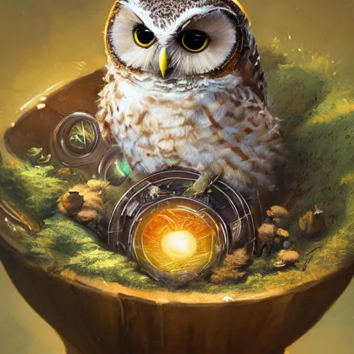 Prompt: long shot of a very cute owl chick nesting in a very futuristic cup, esao andrews, m. w. kaluta, humorous illustration, hyperrealistic, big depth of field, warm colors, night scenery, low light, 3 d octane render, 4 k, conceptart, hyperdetailed, hyperrealistic, trending on artstation