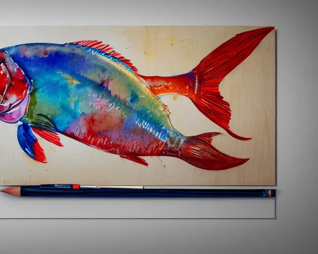 Prompt: an innocent and beautiful scene in hyper realistic style, watercolor and pen oily drawing on wood, of a smadar lomnitz painting a huge colorful fish on the wall, lighting from the barred window. shadows. 4 k. wide angle. wild mood. red mouth, blue eyes. deep focus, lovely scene. ambient occlusion render. unreal engine.