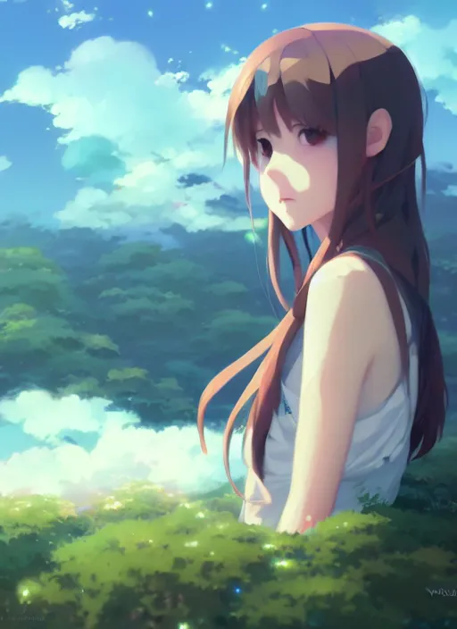 Image similar to portrait of cute girl, cloudy sky background lush landscape illustration concept art anime key visual trending pixiv fanbox by wlop and greg rutkowski and makoto shinkai and studio ghibli