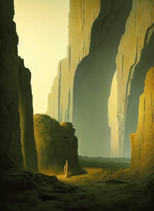 Image similar to A troglodyte women, monumental ruin, Gigantics caustic translucency, luminescence Spheres. by Artgem and Zdzislaw Beksinski, by Kaspar David Friedrich, cgsociety and beeple highly detailed, sharp focus, cinematic lighting, illustration, art, octane render, Unreal Engine Lumen, very coherent. cinematic, hyper realism, high detail, octane render, 8k