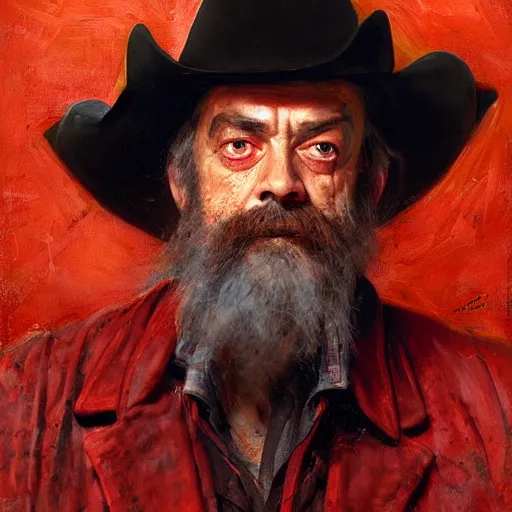 Image similar to Solomon Joseph Solomon and Richard Schmid and Jeremy Lipking victorian genre painting portrait painting of Jack Elam a rugged cowboy gunfighter old west character in fantasy costume, red background