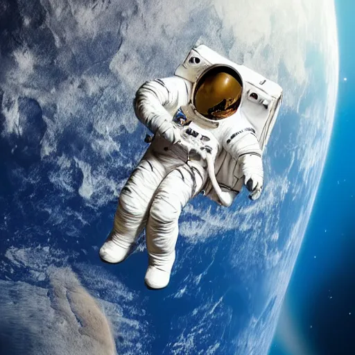 Image similar to an astronaut with a cracked helmet drifting away from the ship with a damaged earth in the background