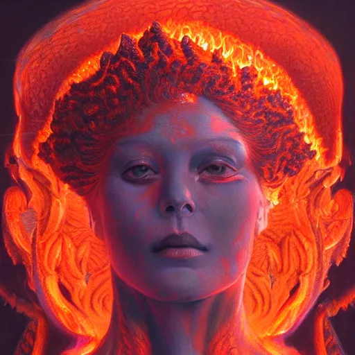 Image similar to A stunning portrait of a goddess, her body made of flames, by Wayne Barlowe, 8K UHD, intricate, fantasy, Trending on artstation.