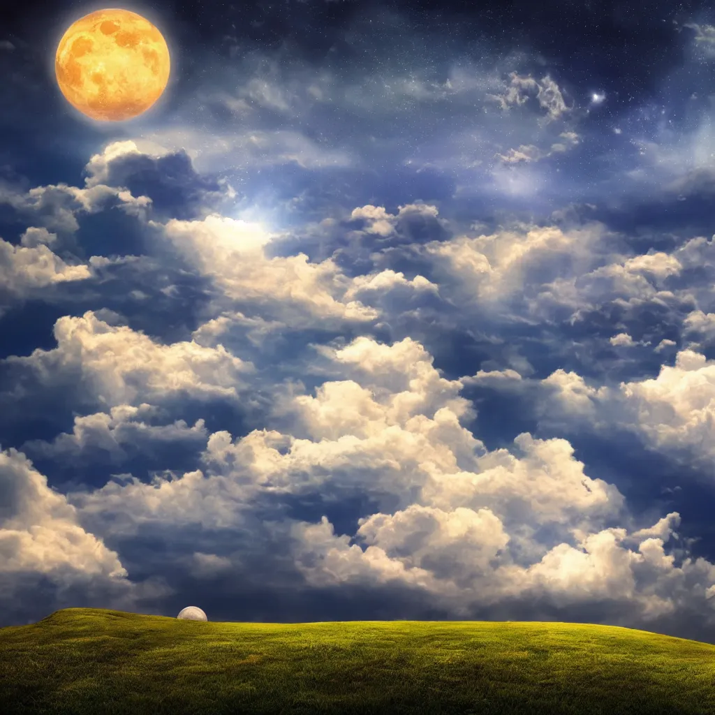 Image similar to fantasy realistic horizon, sky, surreal, clouds, moon