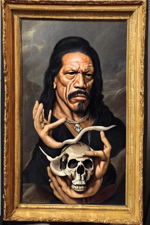 Prompt: a 1 6 0 0 s framed portrait painting of danny trejo holding a skull, intricate, elegant, highly detailed