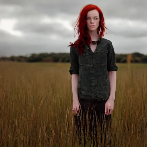 Prompt: young thin red head girl standing on the filed with green tall grass, cloudy weather, 30mm, by Noah Bradley